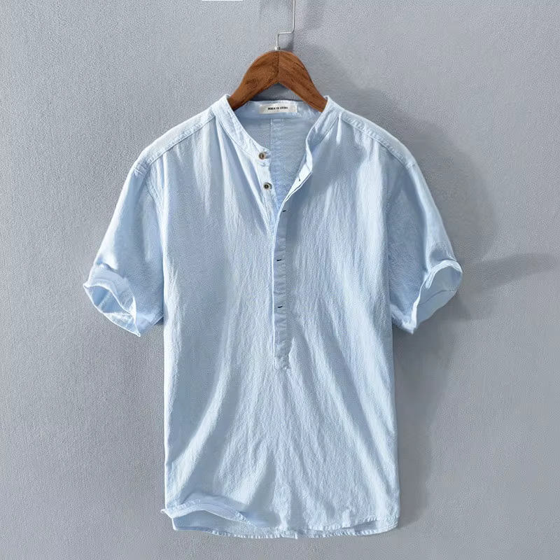 Chemise en coton et lin pour homme, col Henley, poche, décontractée, plage, manches courtes, couleur