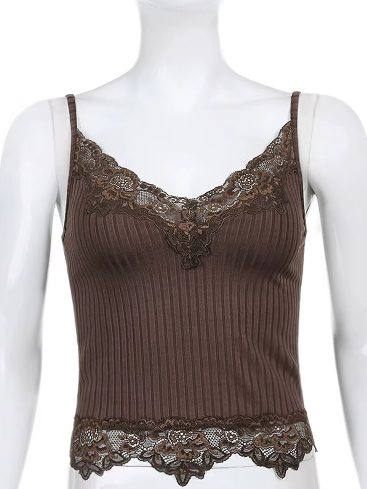 Goth – débardeur en dentelle pour femmes, esthétique, Patchwork, Sexy, col en v, marron, rétro, haut