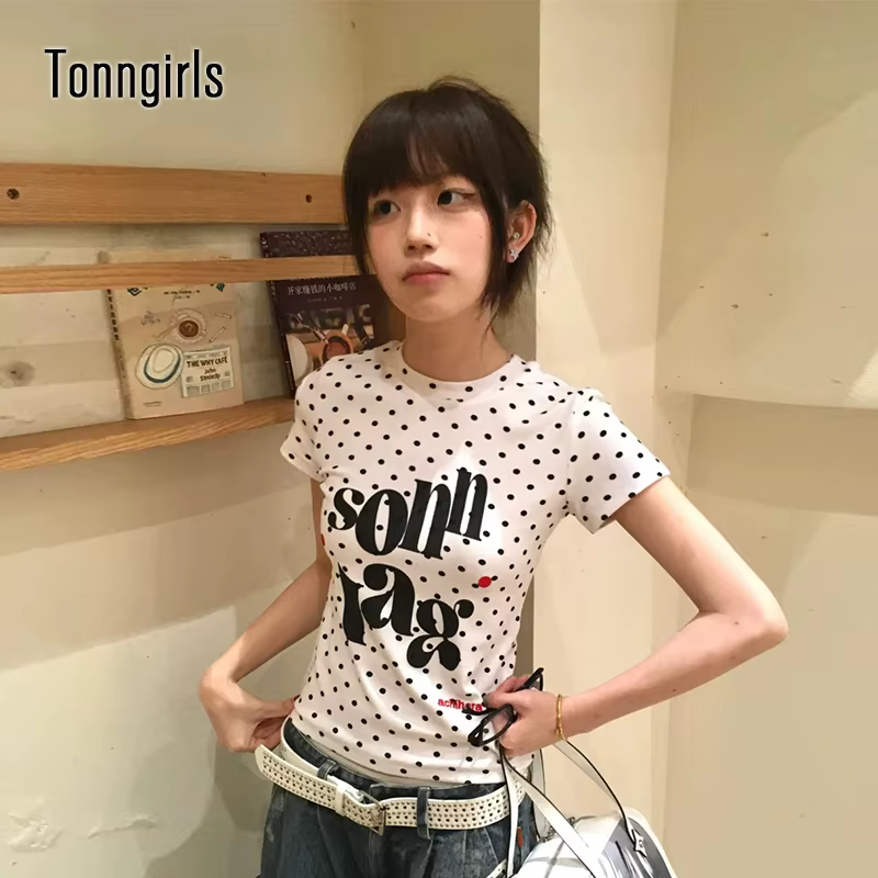 Tonngirls Harajuku imprimé graphique hauts femmes à manches courtes à pois T-shirt Y2k japonais Vint