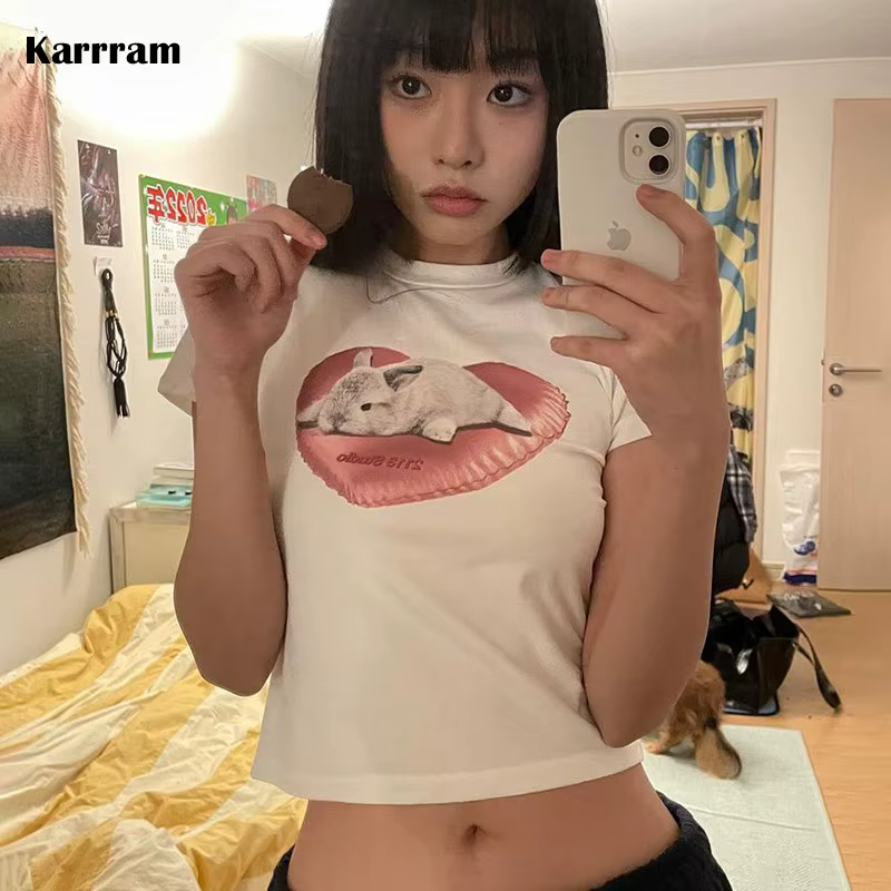 Karr233-T-shirt à manches courtes avec lapin imprimé, streetwear doux, à la mode coréenne, kpop kawa