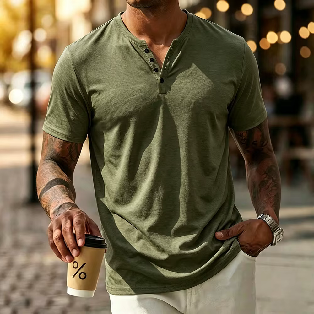 T-shirt Henley à manches courtes pour homme, en coton respirant, couleur unie, col Henley, léger, él