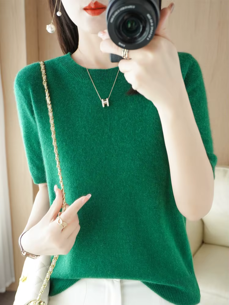Pull en laine mérinos pour femmes, pull en cachemire, mode basique, col rond, tricot, manches courte