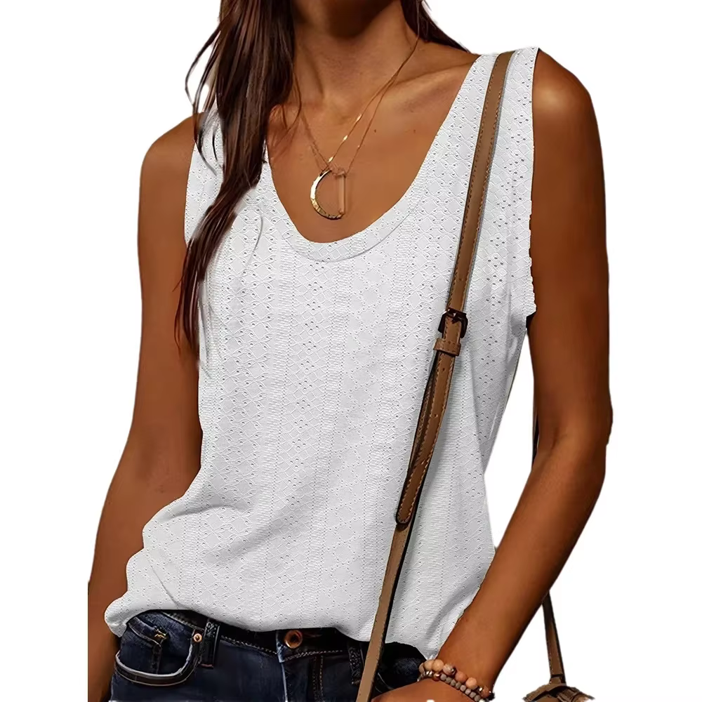 Débardeur pour femmes Printemps Été Blanc Col en V Sans manches Texture perforée Décontracté Frais É