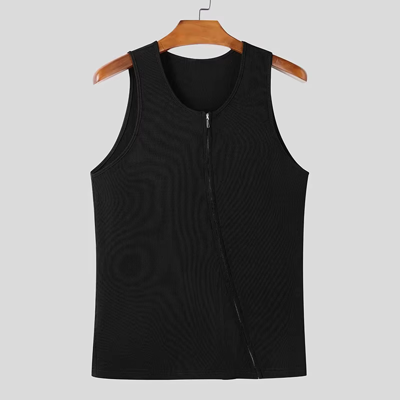 Débardeur côtelé pour homme à fermeture éclair diagonale, coupe ajustée, sans manches, couleur unie,