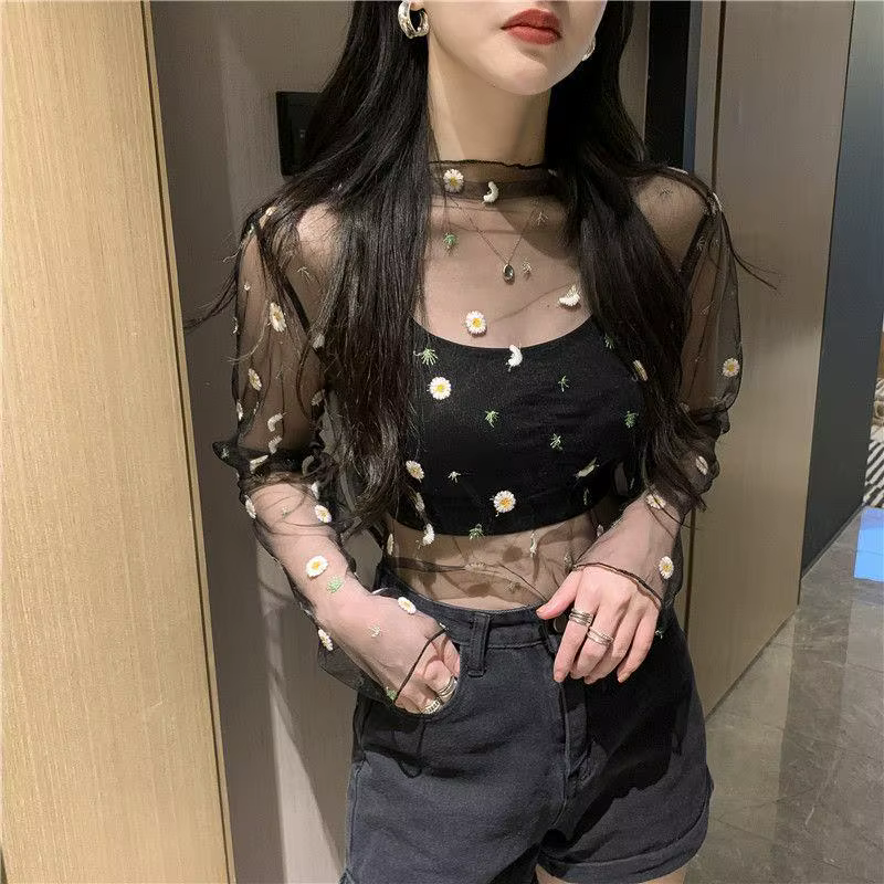 T-shirt manches longues femme, court et transparent, en maille, avec motif floral