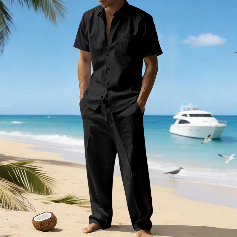 Ensemble chemise à manches courtes en lin et pantalon décontracté pour homme, style européen et amér