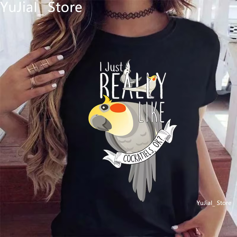 T-shirt imprimé graphique pour femme, joli t-shirt perroquet, blanc, manches courtes, j'aime vraimen