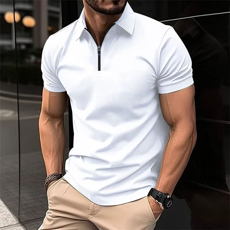 Polo élégant à col demi-zip pour hommes, haut noir slim fit à manches courtes, business décontracté