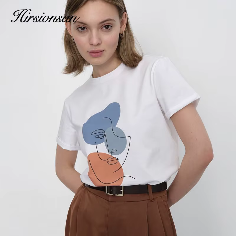Hirsionsan – t-shirt col rond pour femme, estival et décontracté, avec impression abstraite, 100% co