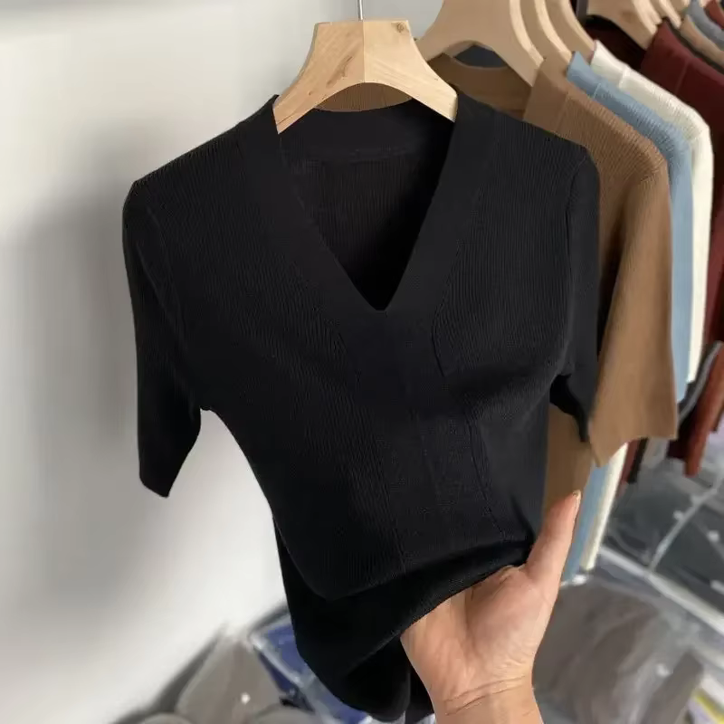 T-shirt à Manches Courtes et Col en V pour Femme, Slim et Décontracté, Couleur Unie, Vert, Été 2025