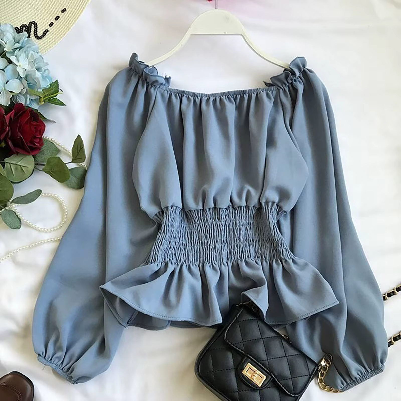 Haut élégant à manches longues pour femmes, chemise médiévale, manches cloche, épaules dénudées, che