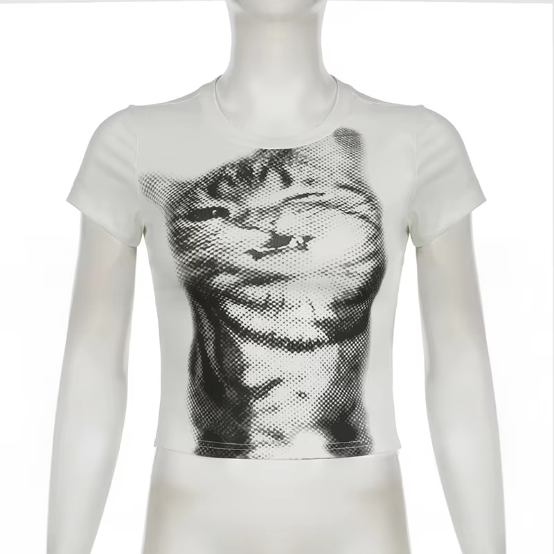 T-shirt Punk pour filles, Streetwear, à la mode, imprimé chat mignon, court et Sexy, vêtements pour