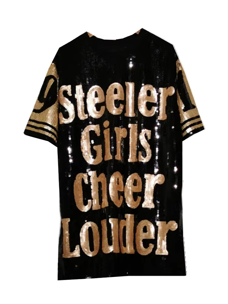 T-Shirt manches courtes pour femme, Chic Ins, lettres noires, Patchwork, paillettes, Jersey, fête, P