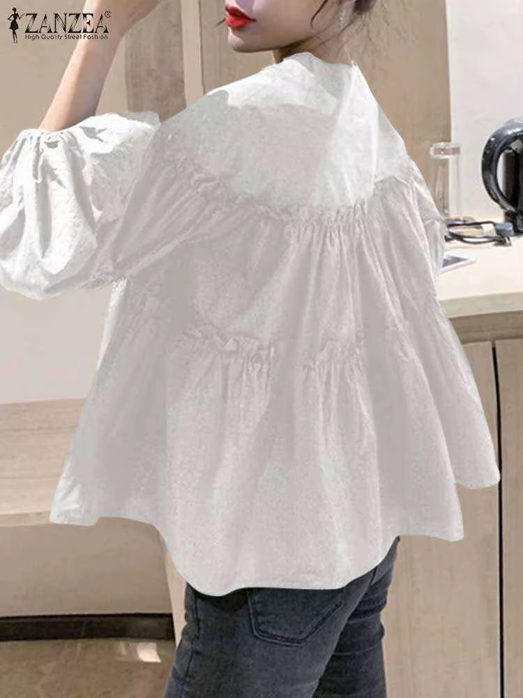 ZANZEA mode femmes à manches longues bouffantes Blouse automne printemps Eelgant chemise volants Blu