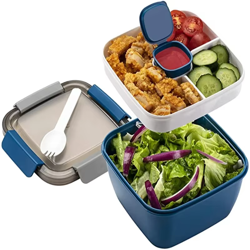 Récipient à déjeuner à salade Portable, bol à salade à 2 compartiments avec grandes boîtes à Bento, 
