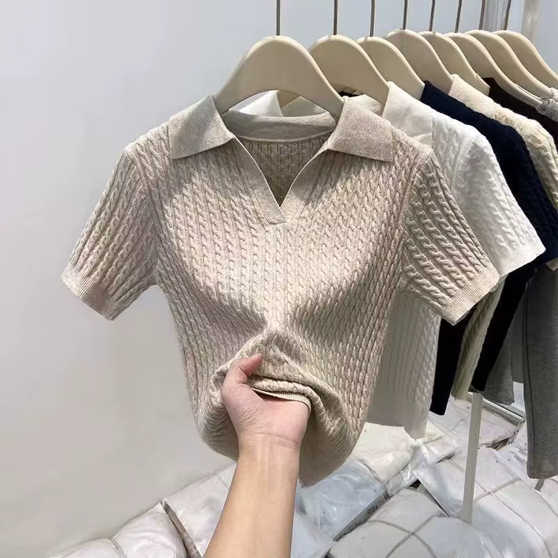 T-shirt à manches courtes en tricot pour femmes, printemps été, toutes occasions, hauts ajustés à co