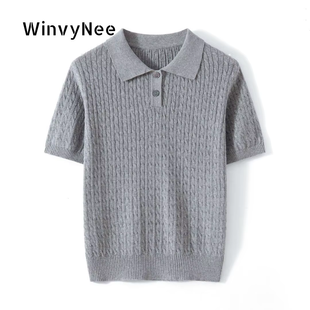 WinvyNee T-shirt en coton pour femme, hauts d'été à manches courtes bleus unis, col polo Y2k, pulls 