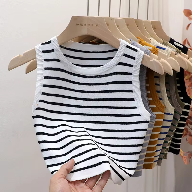 T-shirt court et slim à rayures pour femmes, gilets courts et décontractés, chemises d'été et de pri