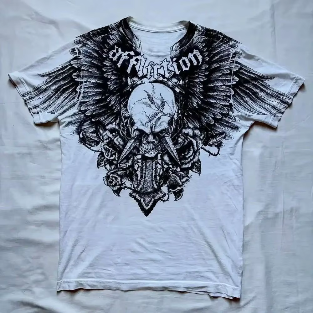 T-shirt col rond pour hommes européens et américains, imprimé tête de mort, confortable et respirant