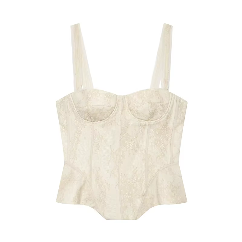 Hauts pour femmes : Corset en dentelle tendance, crop top sexy dos nu pour l'été, hauts chics fémini