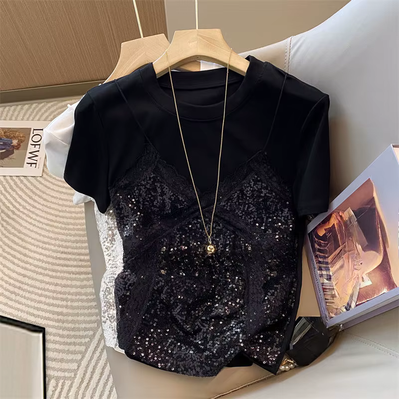 Faux 2 pièces t-shirt pour femmes printemps été dentelle Patchwork T-shirts mode coréenne doux à man