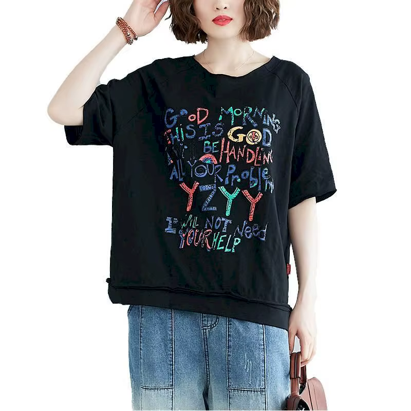 T-shirt manches courtes femme, ample et décontracté, en coton, avec lettres imprimées, art coréen, t