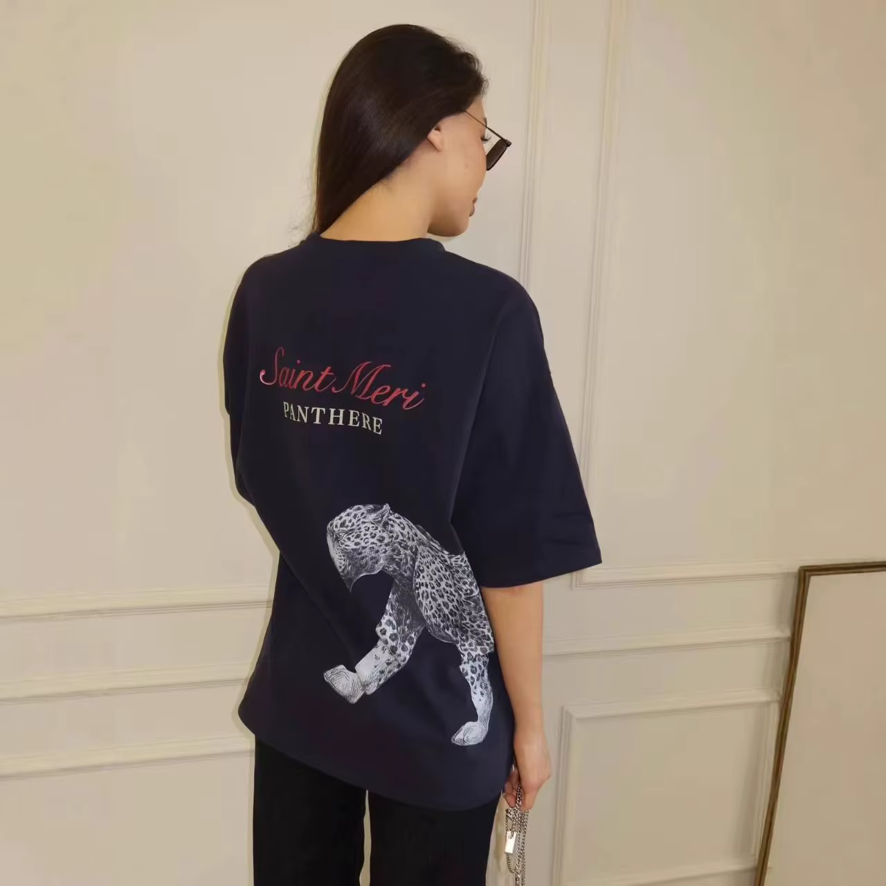 T-shirt ample en coton 100% imprimé panthère française pour femmes, t-shirt léopard américain à manc