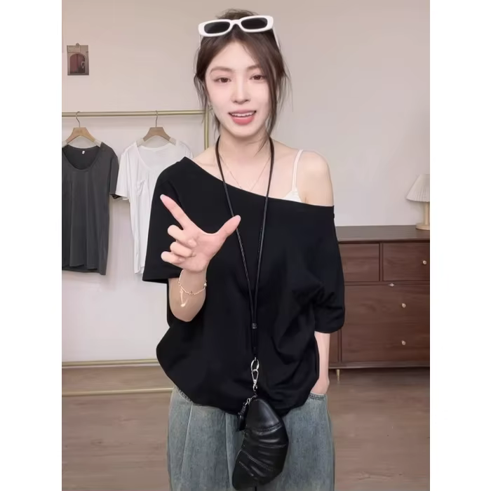 T-shirt asymétrique uni à épaule dénudée pour femme en été, ample, décontracté, mince, à épaule uniq