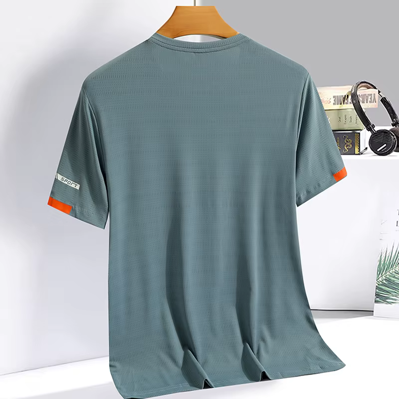 T-shirt d'été en soie glacée pour hommes, sweat-shirt col rond, Simple, costume de course, Fitness, 