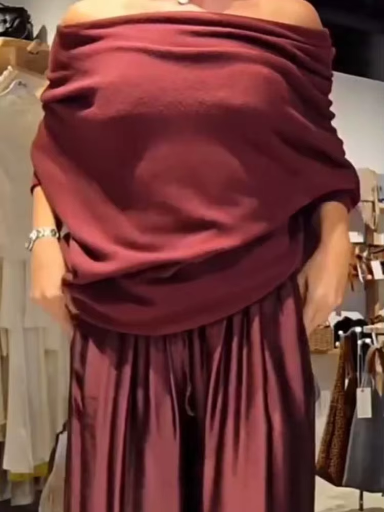 Ensemble décontracté deux pièces pour femme : Blouse ample à col bateau et manches longues avec patc