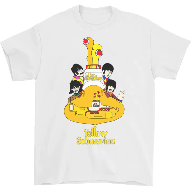 T-Shirt rétro noir en coton avec image de la bande The Beatles Yellow Submarin, Streetwear d'été pou
