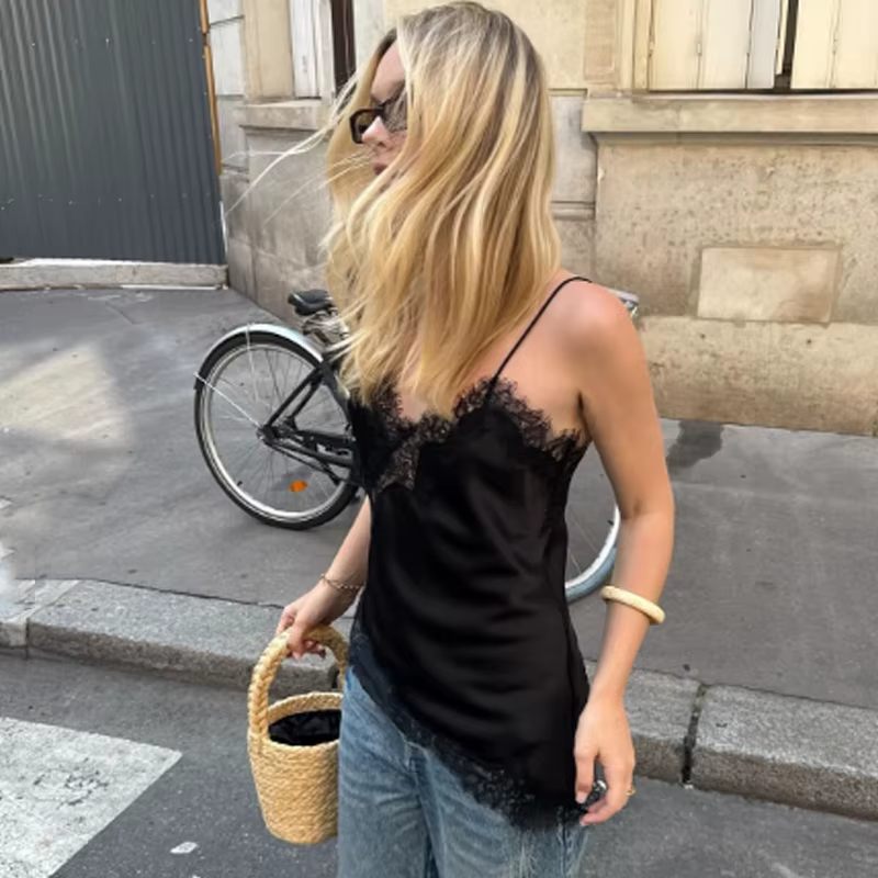 HXAO Y2K asymétrique Slip dentelle haut femmes Sexy réservoirs & Camis Satin épaules nues sans manch