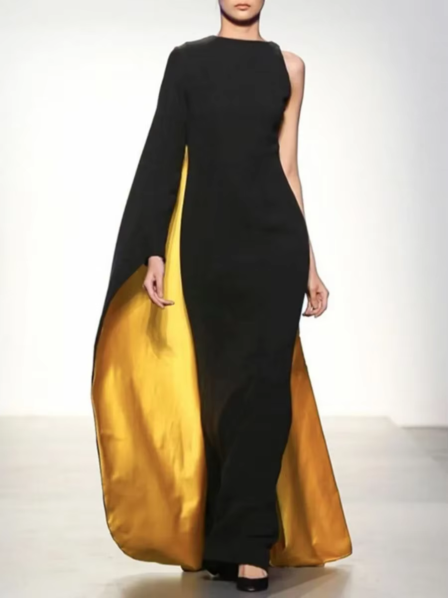 Onecozyday – robe Maxi asymétrique épaule dénudée pour femmes, couleur contrastée, noir et or, col r