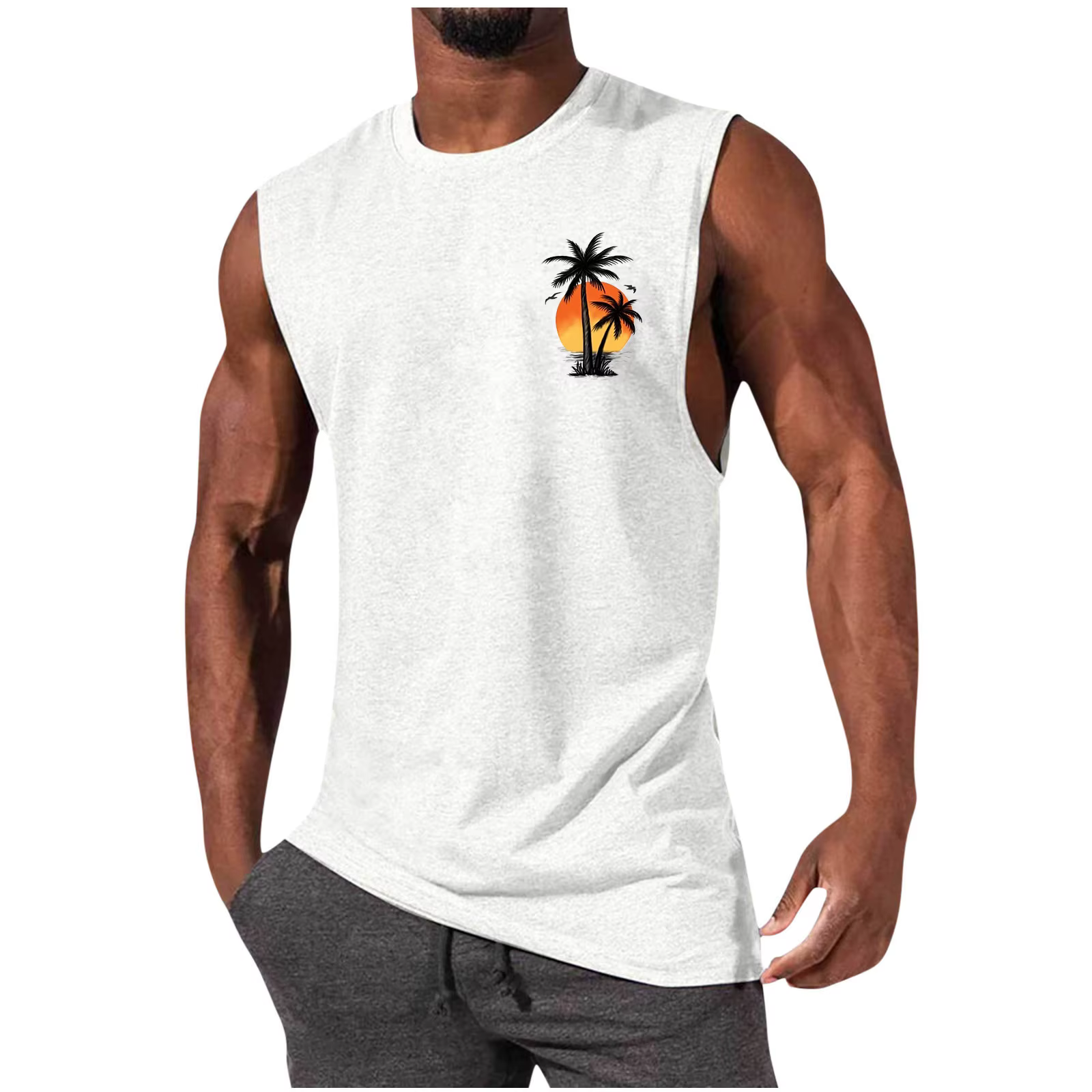 Chemise de plage hawaïenne pour hommes, imprimé coucher de soleil Tropical, débardeur sans manches, 