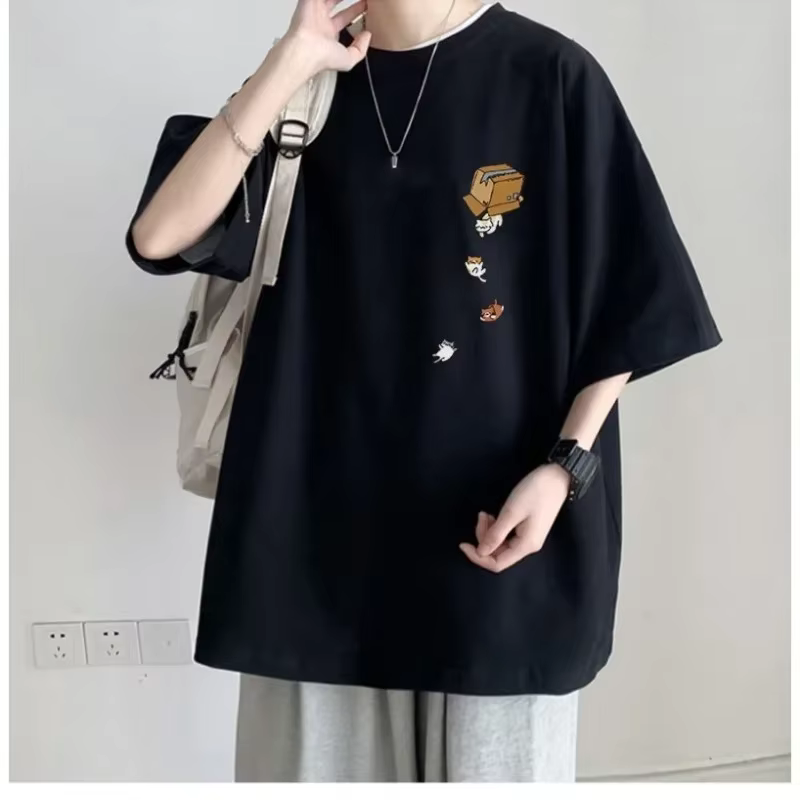 M-8XL hommes surdimensionné mode coréenne ample américain Vintage Carton chaton imprimé à manches co
