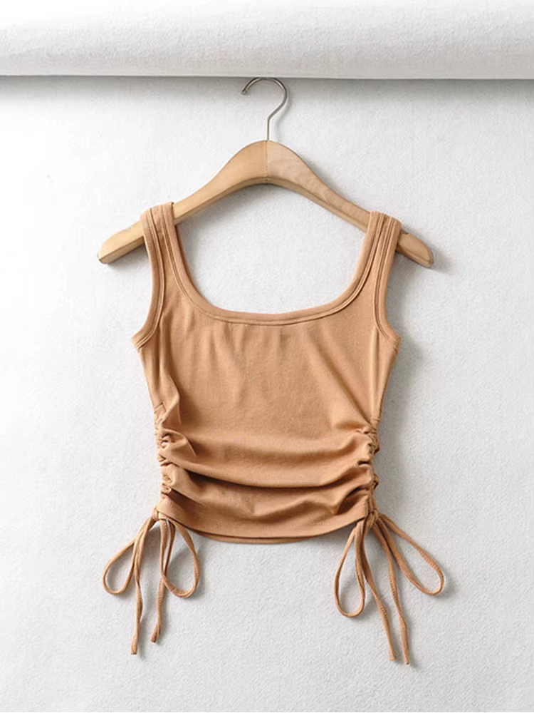 Nouveauté filles décontracté couleur unie deux côtés cordon gilet plis froncé Sexy débardeur et Cami