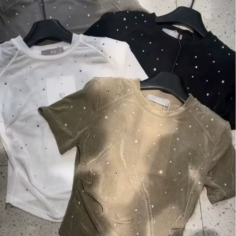2025 Ropa Mujer t-shirts pour femmes blanc paillettes diamant culture hauts col rond tunique à manch