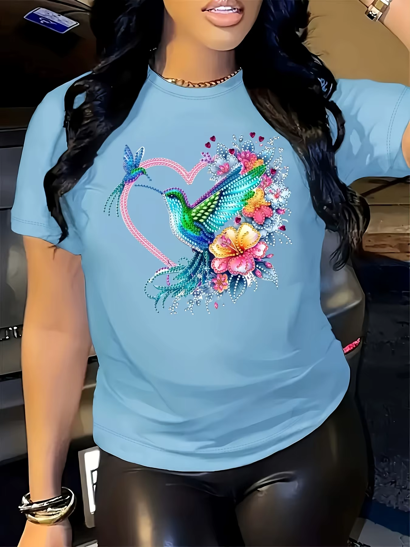 T-shirt pour femme Floral Hummingbird Heart - Motif Boho, haut rose décontracté
