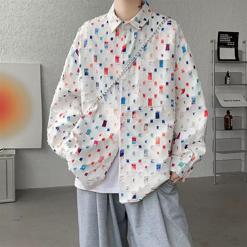Chemises à carreaux colorés pour hommes, surdimensionnées, amples, manches longues, hauts printemps 