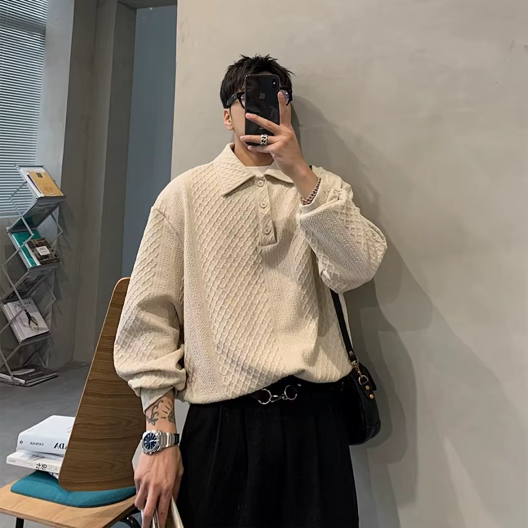 Nouveau Sweat-shirt à revers pour hommes, haut ample, à la mode, pull slim, Polo