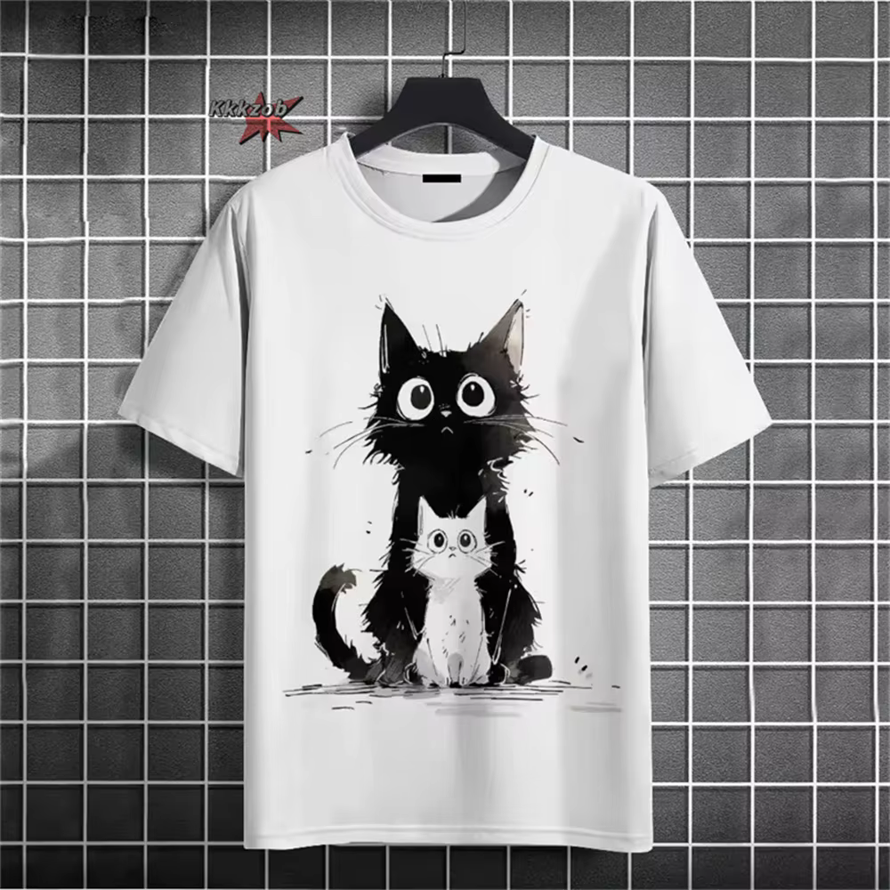 Japonais Ukiyo-E motif de chat mignon col rond hommes à manches courtes quotidien surdimensionné T-S