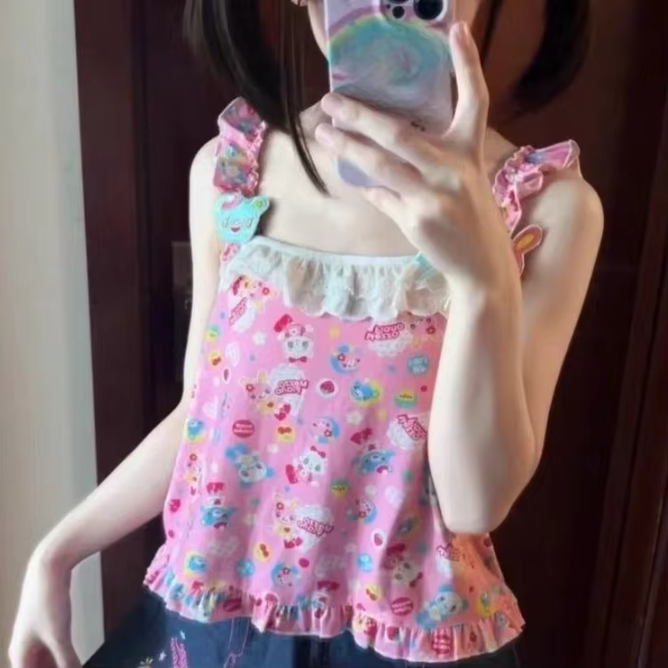 Débardeur japonais Kawaii Lolita pour femmes, esthétique Y2k, Camisole mignonne, imprimé de dessin a