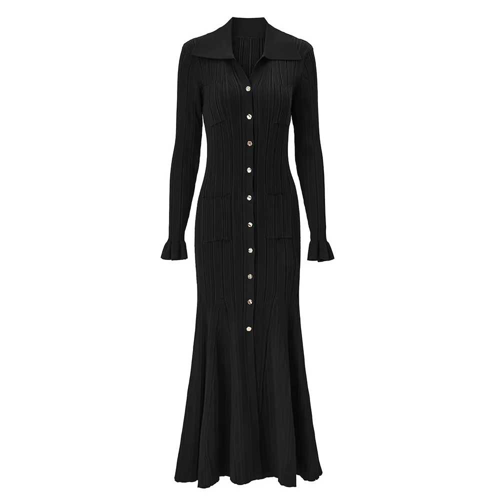Robe tricotée taille haute, col Polo, manches longues, bouton unique, couleur Pure, nouvelle mode po