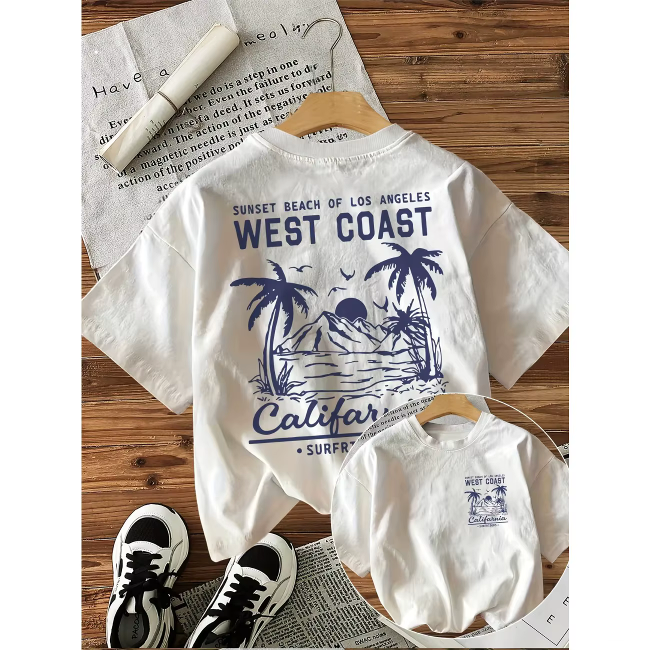 T-shirt à manches courtes pour femmes, ample, imprimé graphique de la côte ouest, avec palmiers, est