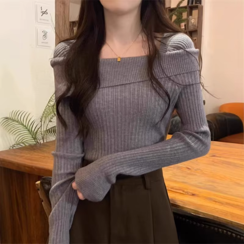 Solide Sexy mince épaules dénudées Slash cou à manches longues tricot pull femmes pulls bureau mode