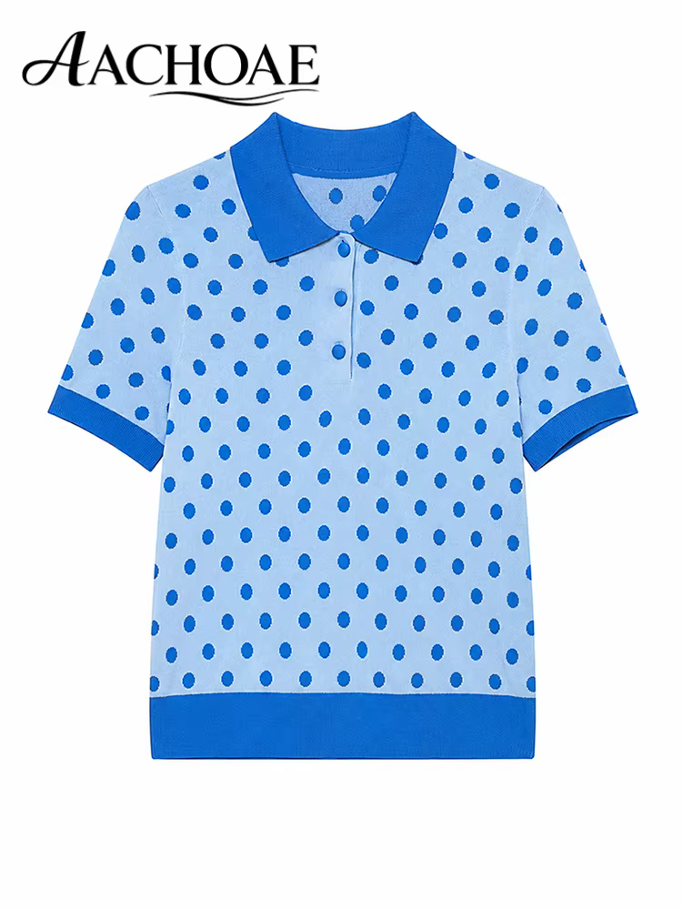AACHOAE – polo en tricot à pois pour femmes, pull à manches courtes et col, haut décontracté léger,