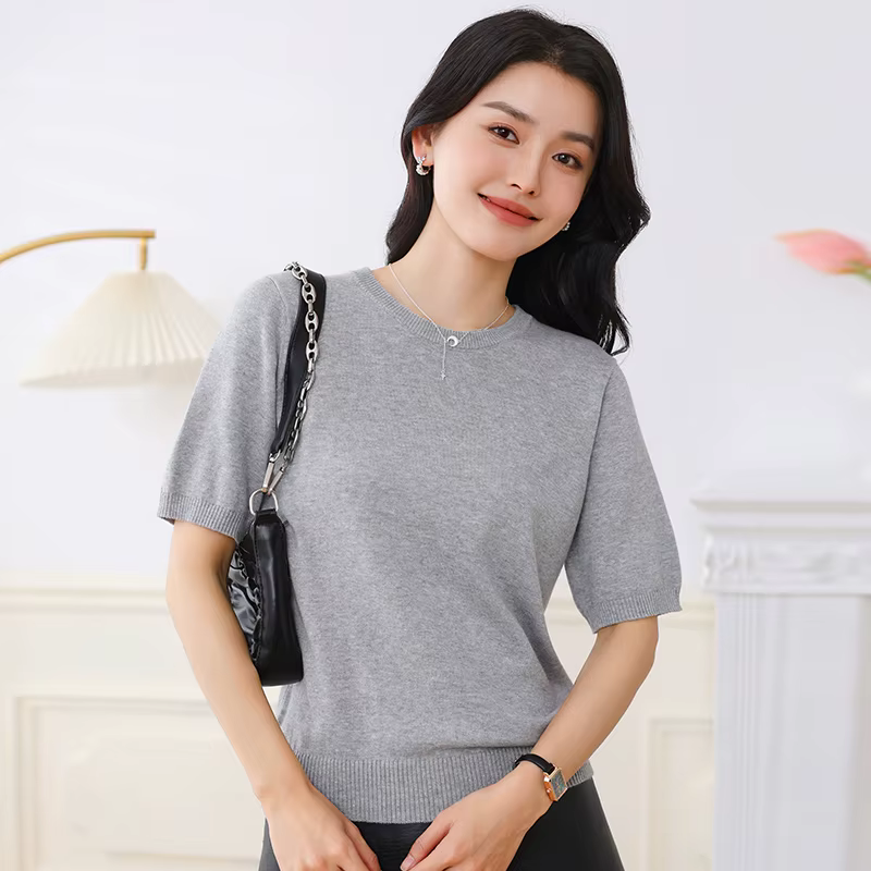 T-shirt d'été 100 % pur coton pour femme, décontracté, uni, tricoté, à manches courtes, col rond, co