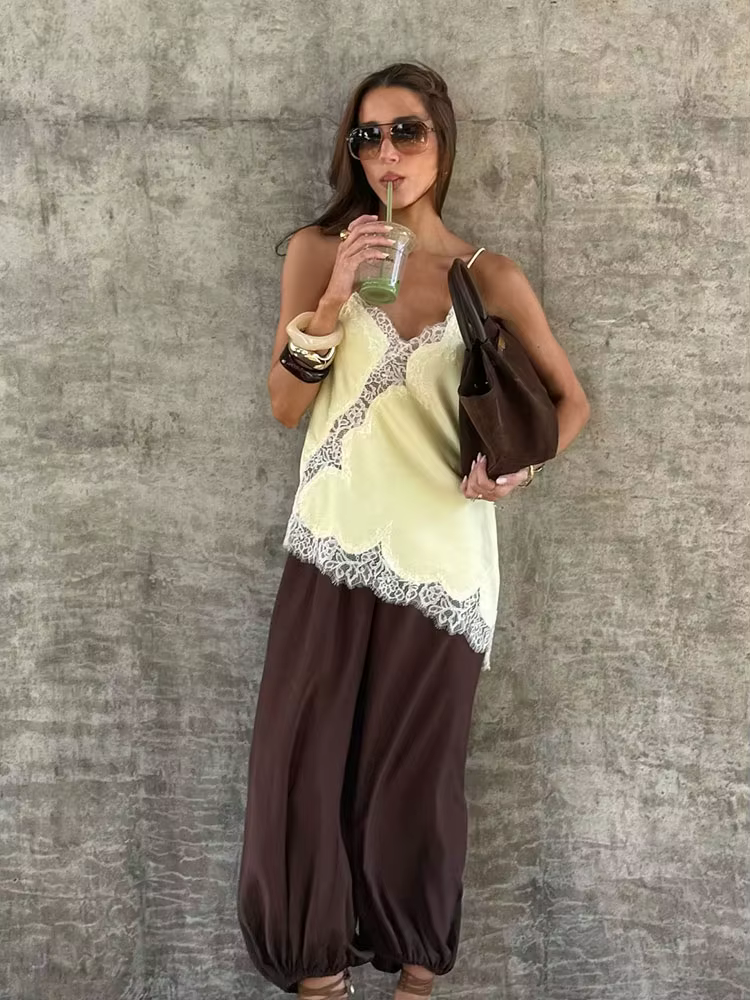 HH Hauts Camisole Femme Tendance Chic à Pois avec Dentelle et Épaules Dénudées – Collection Été 2026