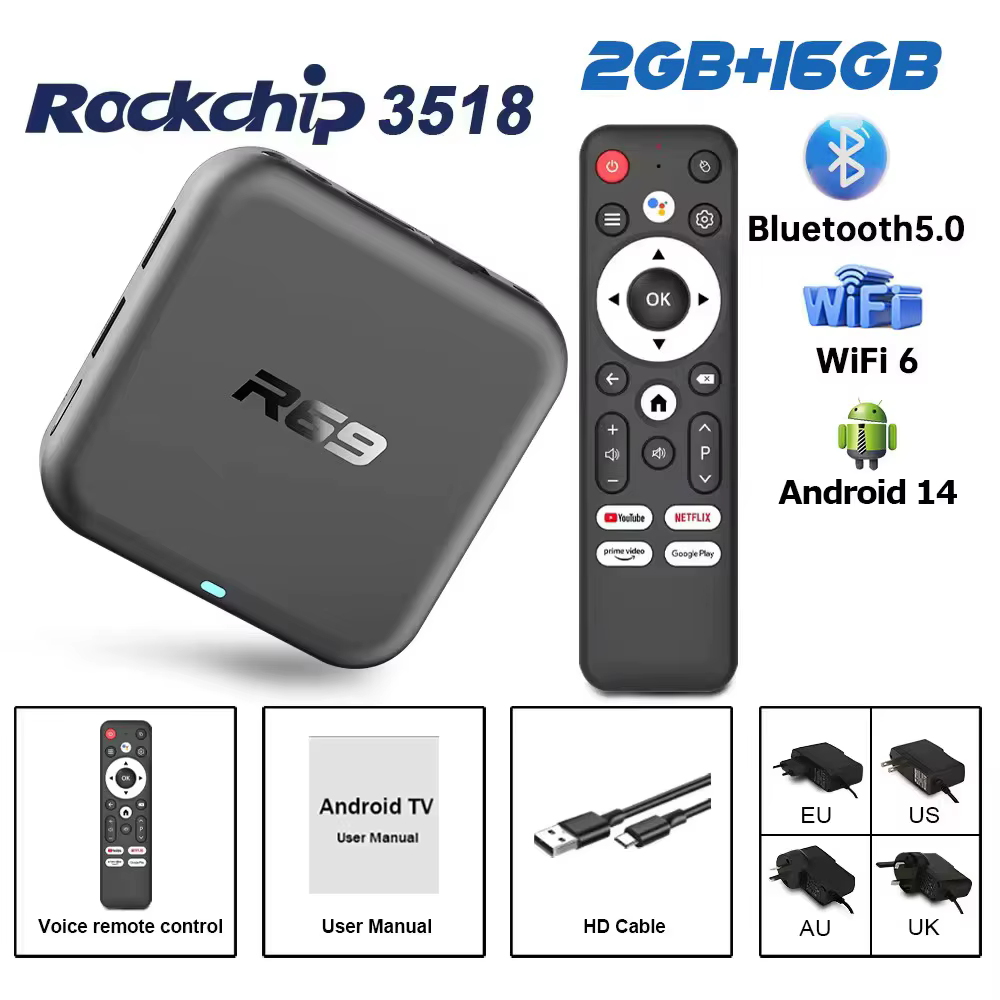 Boîtier TV Android 14 R69-1 Double Wi-Fi 2.4G/5G BT5.0 Lecteur Multimédia 4K UHD HDR 2 Go RAM 16 Go 