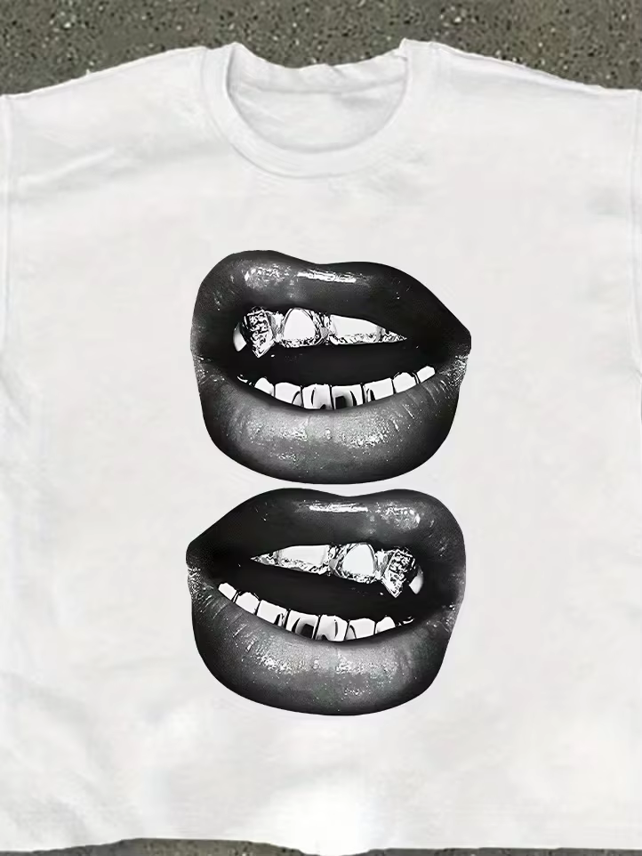 T-shirt imprimé motif lèvres, unisexe, décontracté et tendance, T-shirt oversize décontracté, voyage